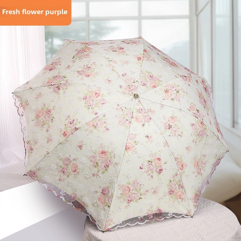 Goddess Princess Double Layer Lace Foldable Umbrella for Women | Sun & Rain Protection | Black Sunshade Umbrellas | Women's Accessories