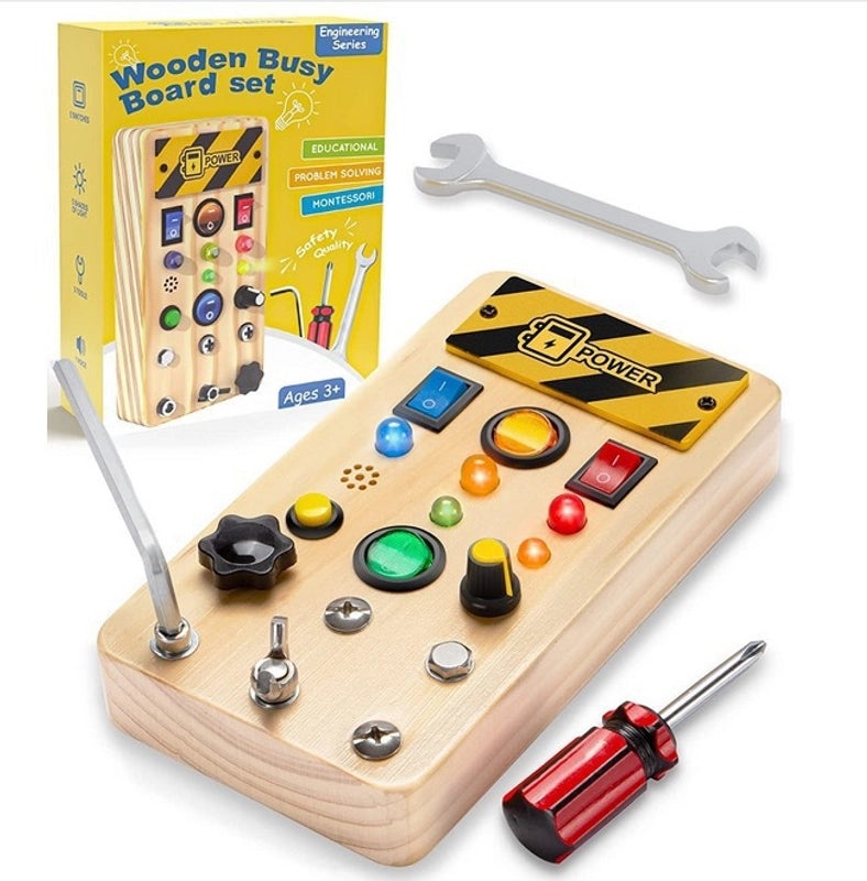 Children's Educational Wooden Busy Board with LED Light Switch | Early Learning Toys