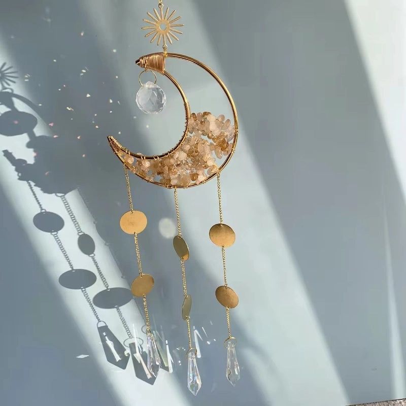 Geometric Moon Crystal Suncatcher with Water Droplets Minimalist Wind Chime Wall Hanging|Home Decor & Wind Chimes