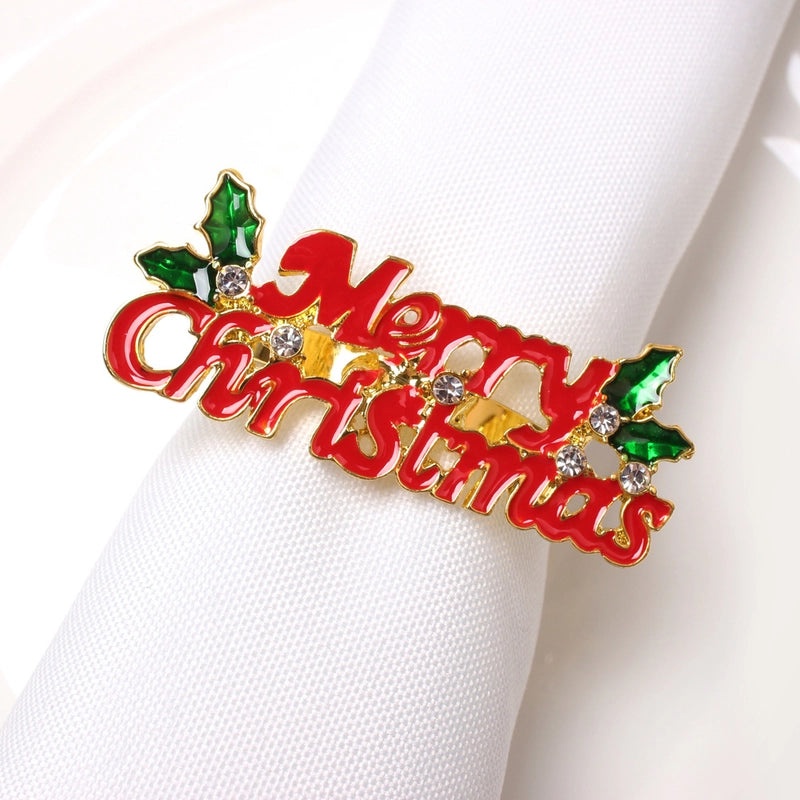 Festive Christmas Tree and Santa Claus Alloy Napkin Rings Set of 6 | Holiday Table Decor