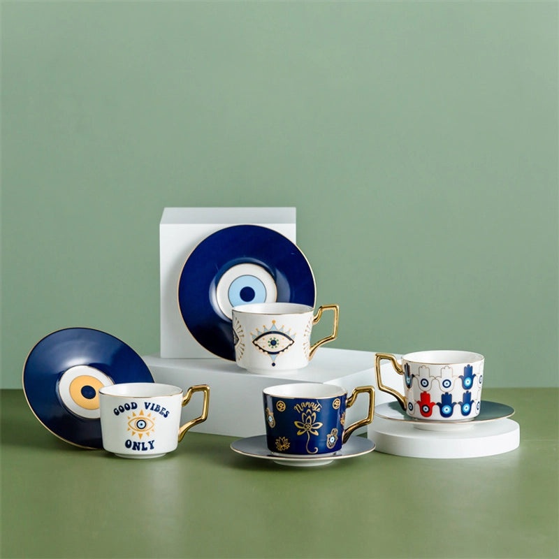 Retro Geometric Devil's Eye White Porcelain Mug with Placemat Set | Kitchen & Dining Accessories