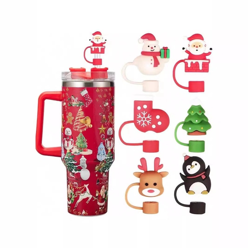 Christmas Santa Claus Silicone Straw Cap Set|Holiday Drink Accessories