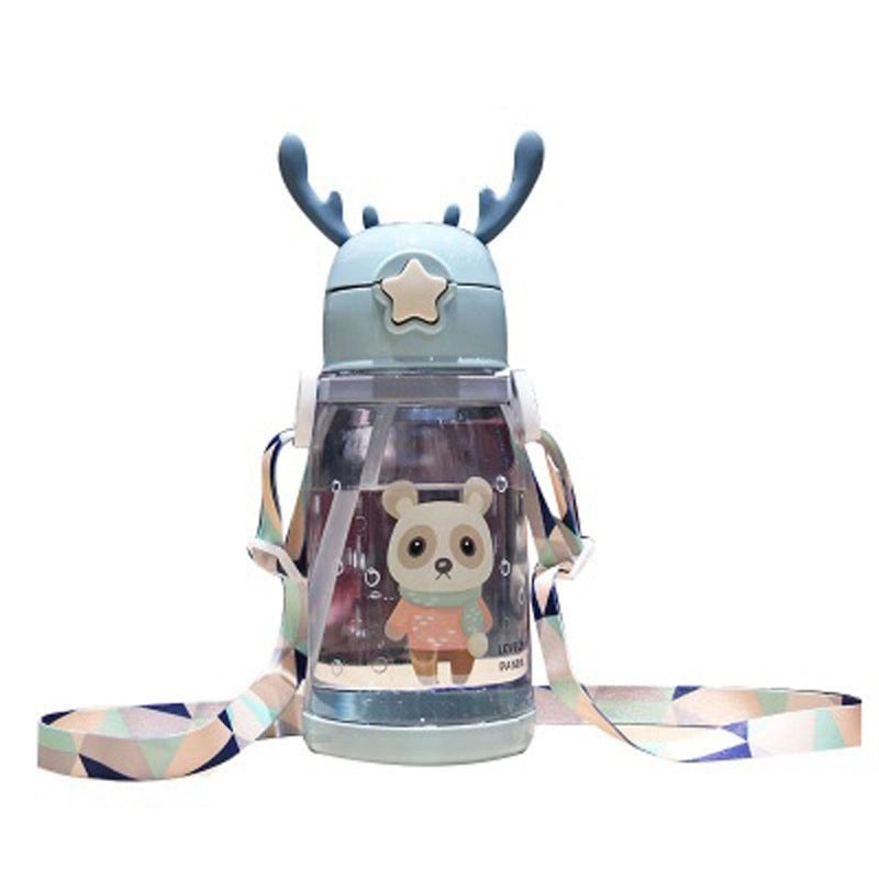 Kids Drop-Resistant Water Bottle with Straw Cute Antler Design for Kindergarten & Primary School Students|Children's Drinkware