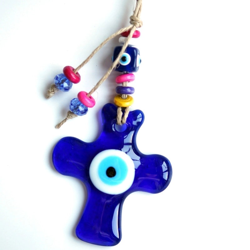 Turkish Blue Evil Eye Cross Pendant Glass Wall Hanging Decoration | Home Decor & Accessories