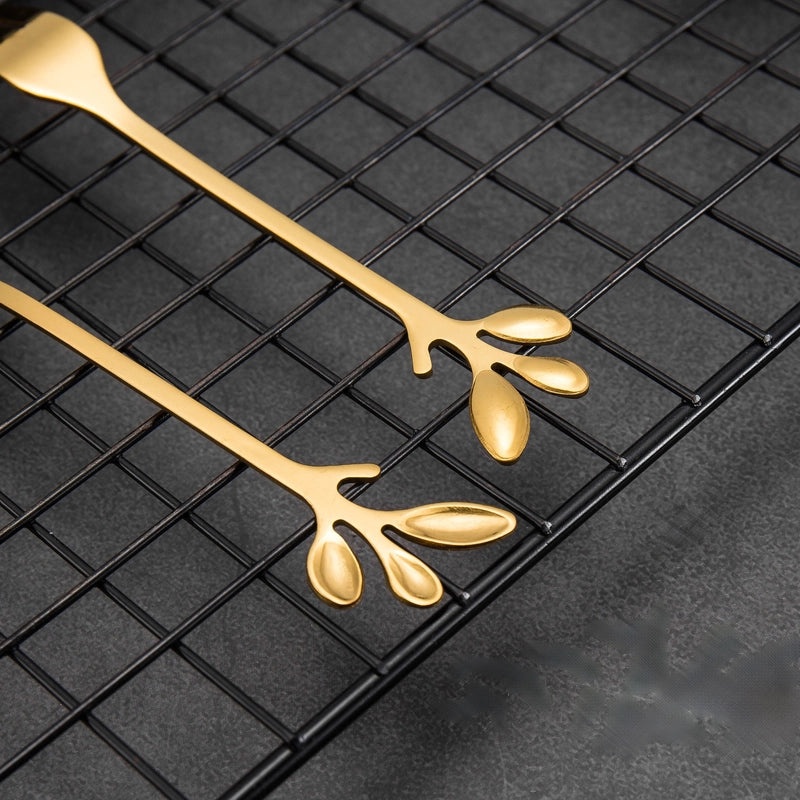 Gold-plated Stainless Steel Leaf Design Spoon and Fork Set for Coffee, Dessert, Fruit, Honey, and Ice Cream|Kitchen & Dining Utensils