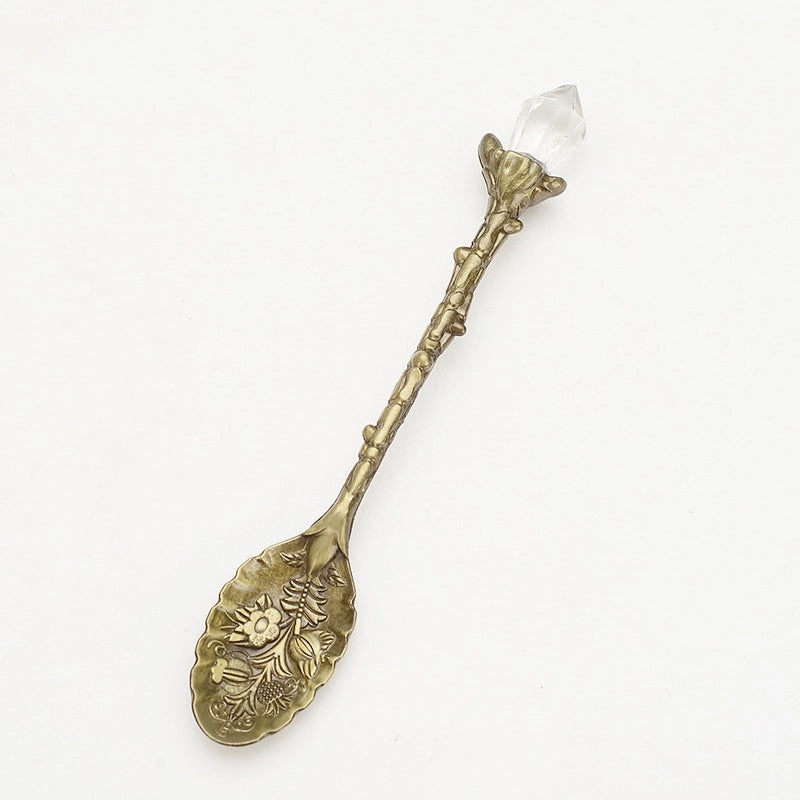 Nordic Vintage Crystal Head Alloy Leaf Spoon for Mug Coffee Ice Cream | Kitchen & Dining Utensils