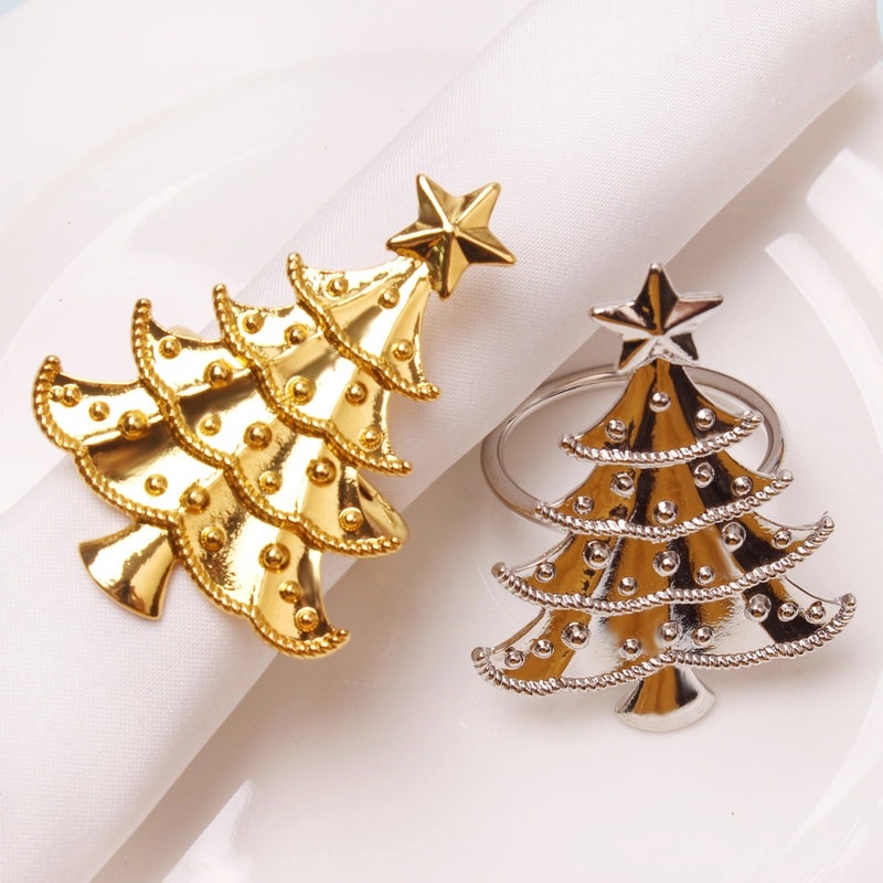 Festive Christmas Tree and Santa Claus Alloy Napkin Rings Set of 6 | Holiday Table Decor
