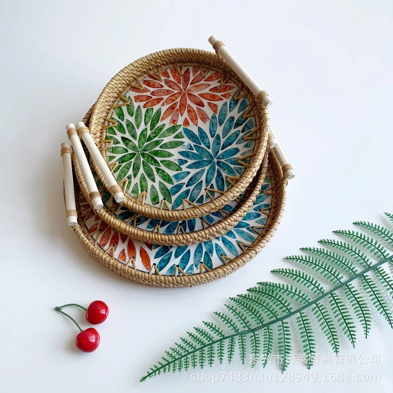 Handwoven Floral Rattan Shell Storage Basket for Casual Home Décor|Home Storage & Organization