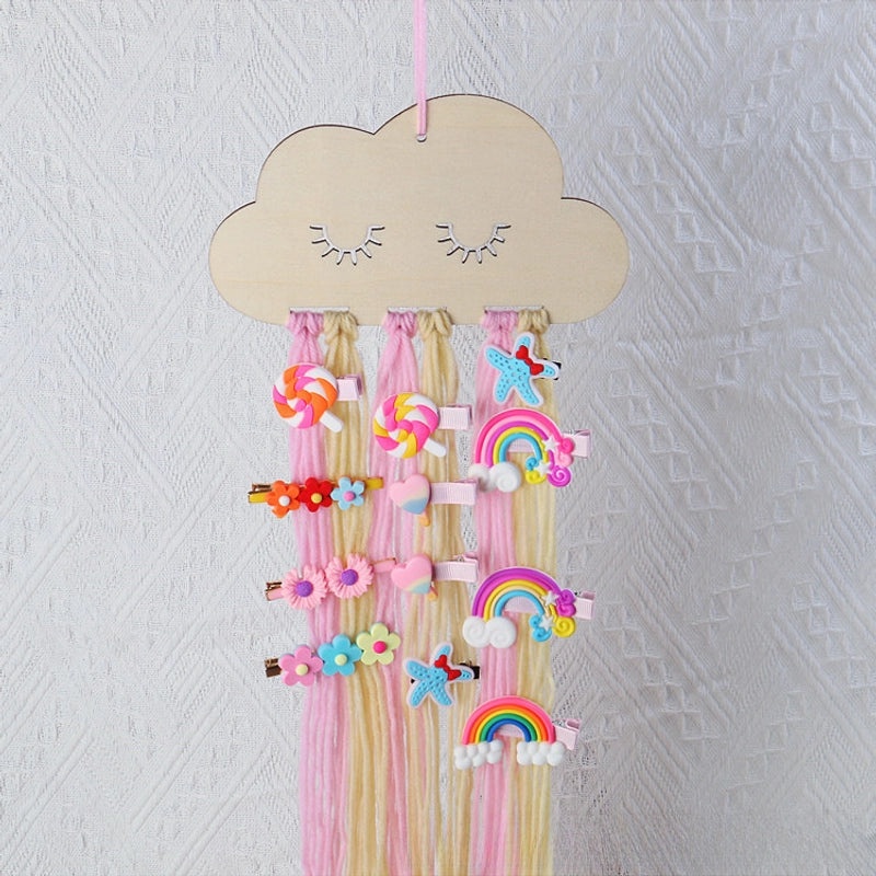 Nordic Style Cloud Wood Chip Hair Clip Holder with Decorative Wall Pendant | Hair Accessories Storage