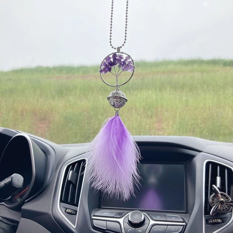 Lucky Pachira Macrocarpa Tree Car Hanging Ornament with Palace Bell and Feather Dreamcatcher|Car Accessories