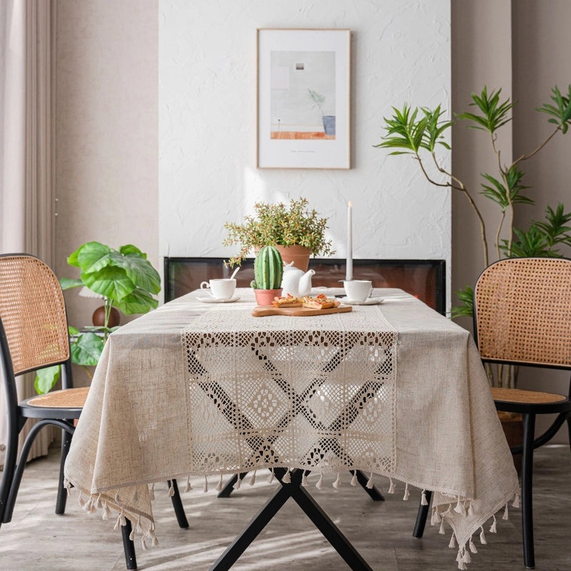 White Plain Tablecloth with Contrast Hollow Stitching Small Fresh Design | Table Linens & Fabrics