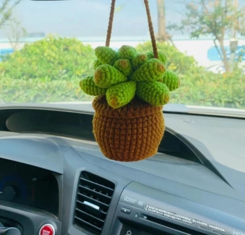 3 Pieces Hand-Crocheted Chlorophytum Yarn Potted Ornaments for Car Rearview Mirror | Car Accessories