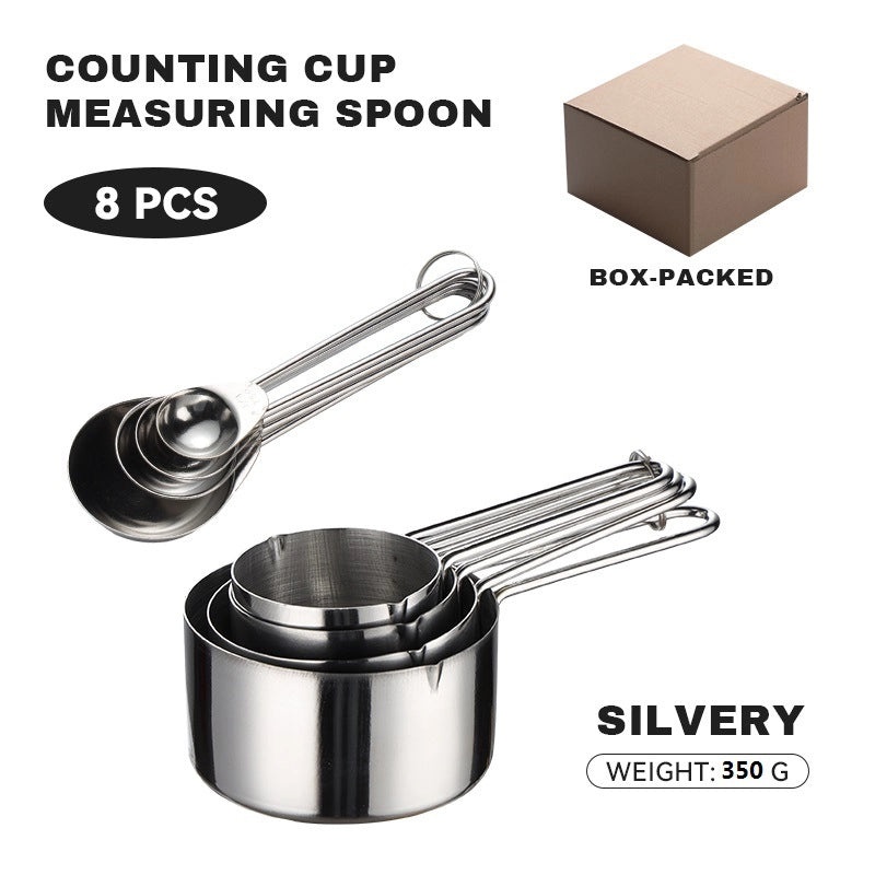 8-Piece Rose Gold Stainless Steel Measuring Cups and Spoons Set with Wire Handles and Scale | Kitchen Measuring Tools