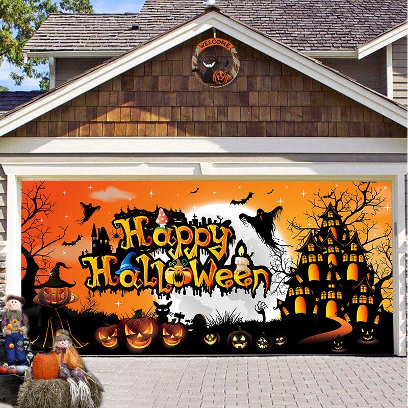 Halloween Pumpkin Hanging Banner Cloth Horror Garage Door Tapestry Decoration|Home Decor