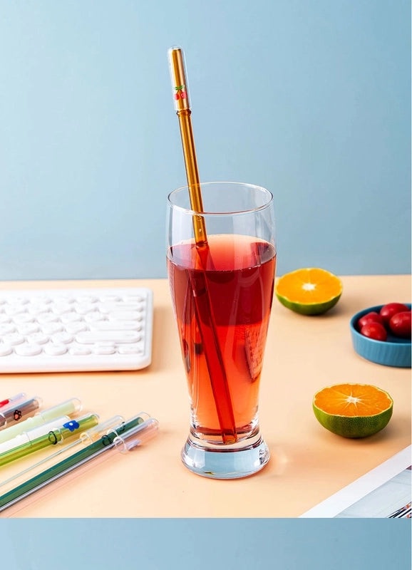 Adorable Animal and Fruit Borosilicate Glass Straw with Decorative Cap | Drinkware Accessories