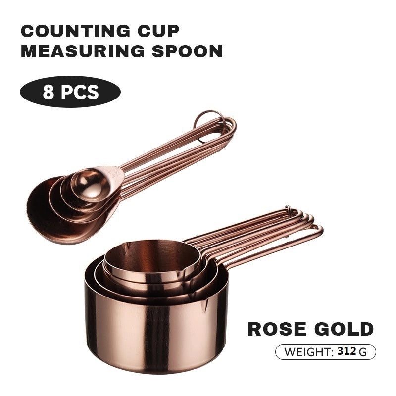 8-Piece Rose Gold Stainless Steel Measuring Cups and Spoons Set with Wire Handles and Scale | Kitchen Measuring Tools
