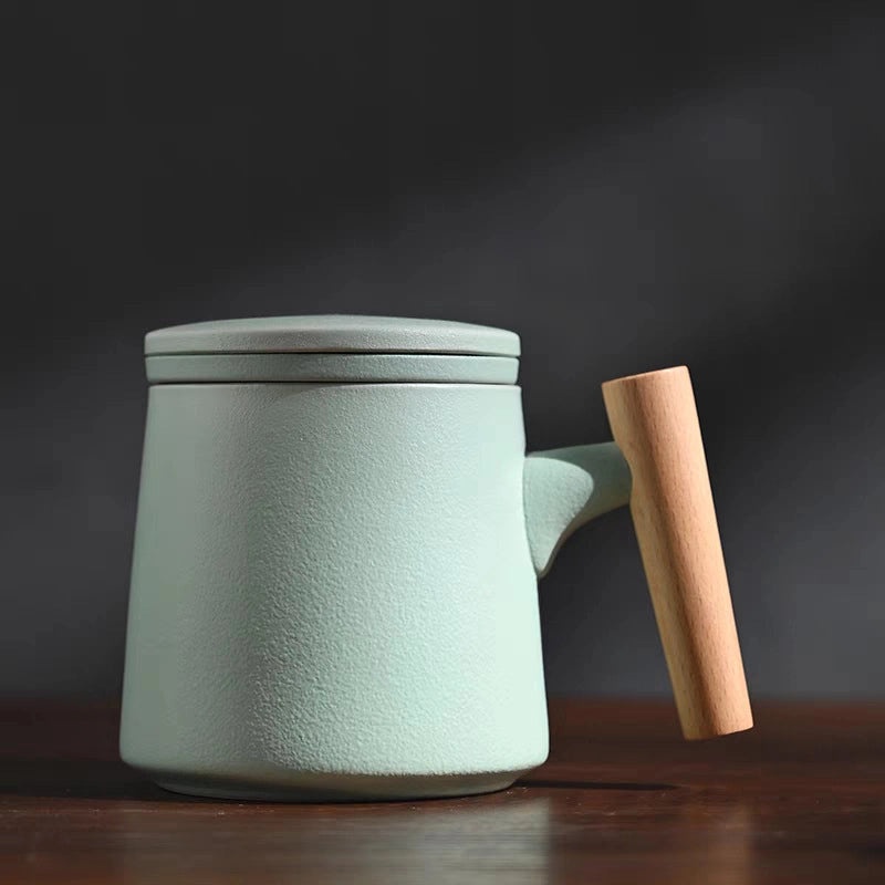 Wooden Handle Ceramic Mug Set with Lid and Filter Frosted Glass Simple Design Engraved Logo Gift Set|Kitchen & Dining