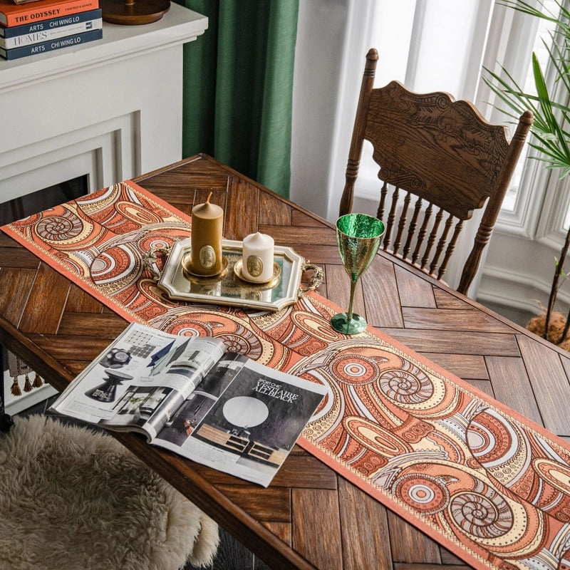 Imaki Rhyme Vintage Orange Jacquard Fabric Table Flag for Dining, Coffee Table, Bed, TV Cabinet | Home Decor & Table Linens