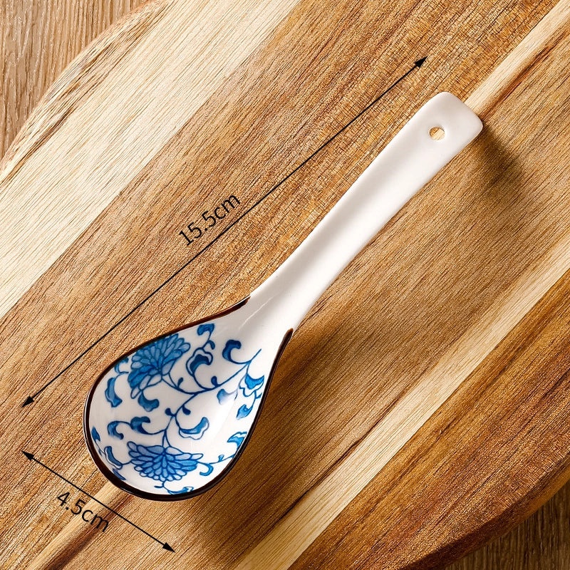 Unisex Ceramic Soup Spoon Kitchen Dining Utensil Blue White Cartoon Pattern