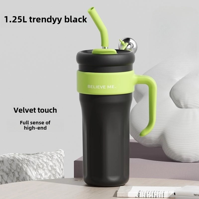 Trendy Large 1250ml Vacuum Straw Bottle for Women | Fashionable Stainless Steel Cold Drink Container | Drinkware