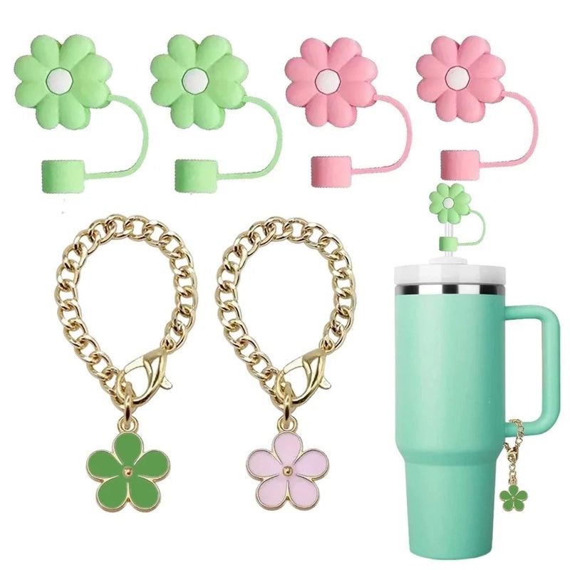 Pastoral Style Floral Metal Straw with Silica Gel Sleeve Decorative Cap Set | Kitchen & Dining Accessories