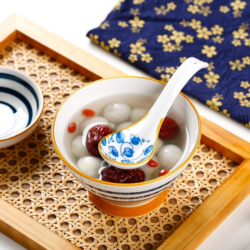 Japanese Style Blue and White Ceramic Soup Spoon Thickened Curved Handle Anti-scalding Small Spoon|Kitchen & Dining