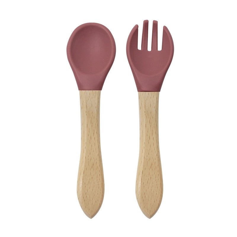 Wood and Silicone Spoon Fork Set, 2 Pieces Casual Solid Color | Kitchen Utensils & Cutlery
