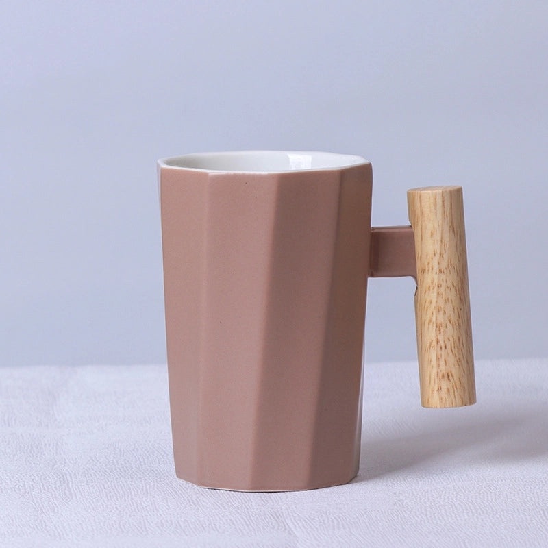 Matte Ceramic Mug with Solid Color and Wooden Handle | Home & Kitchen Drinkware