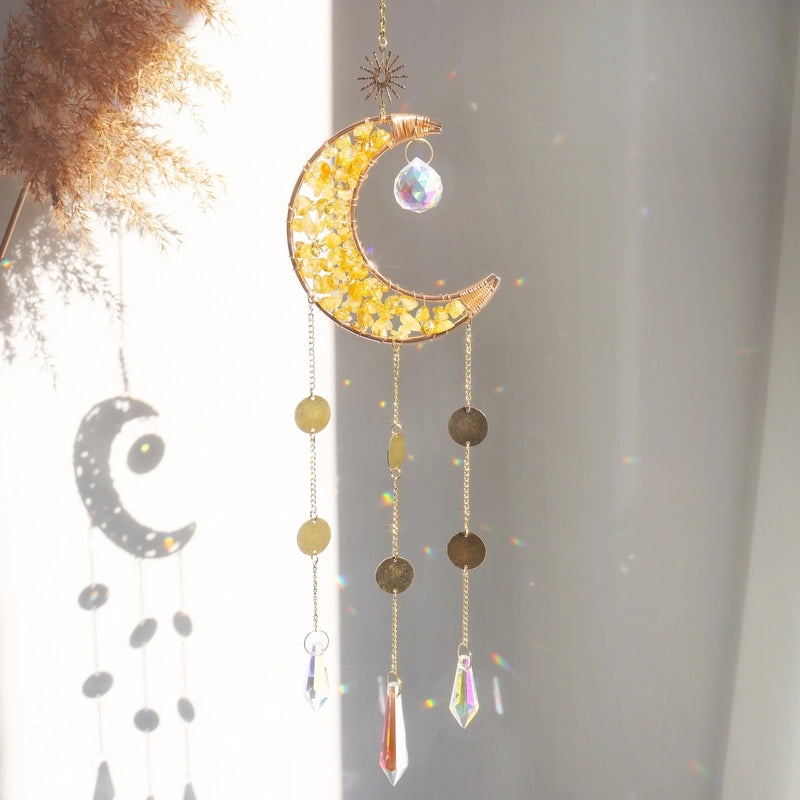 Geometric Star and Moon Crystal Metal Suncatcher Wind Chime | Home Decor & Wall Art