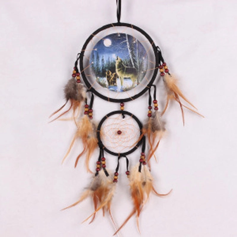 Wolf Head Dreamcatcher Oil Painting Wall Hanging with Natural Feathers | Home Decor & Wall Art