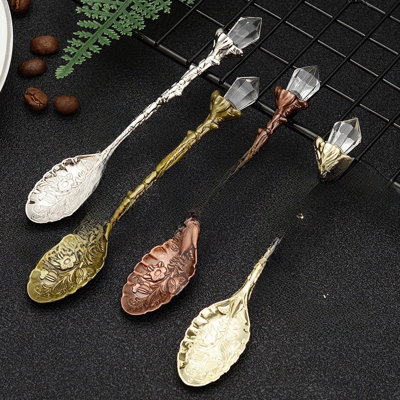 Nordic Vintage Crystal Head Alloy Leaf Spoon for Mug Coffee Ice Cream | Kitchen & Dining Utensils