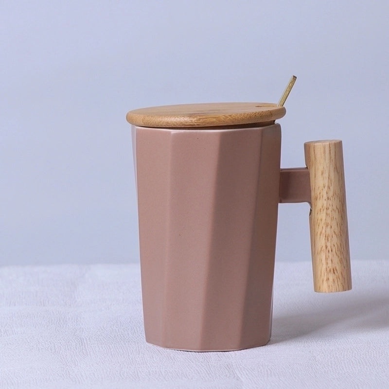 Matte Ceramic Mug with Solid Color and Wooden Handle | Home & Kitchen Drinkware