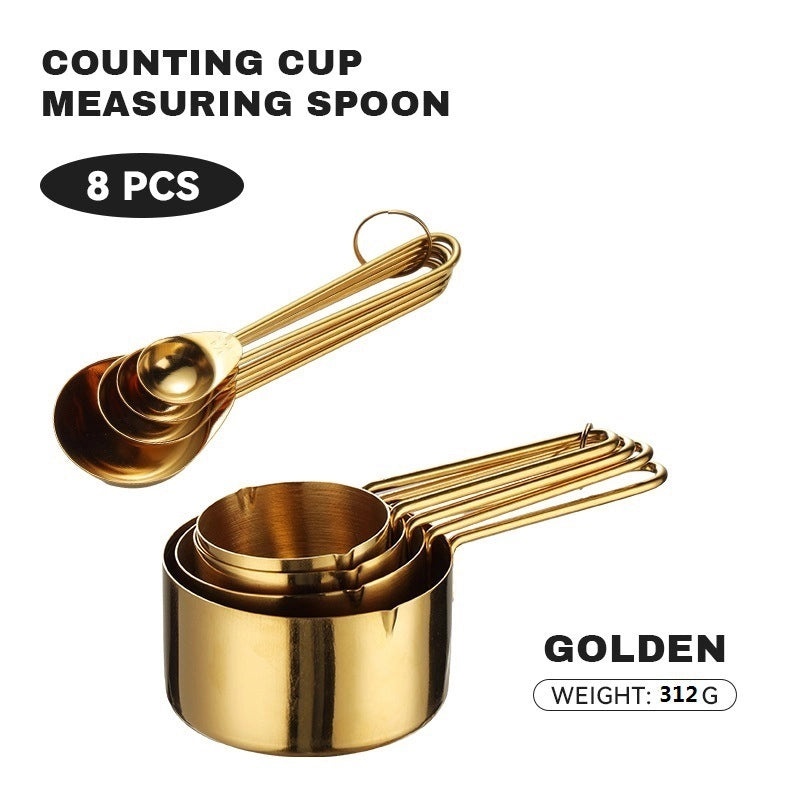 8-Piece Rose Gold Stainless Steel Measuring Cups and Spoons Set with Wire Handles and Scale | Kitchen Measuring Tools