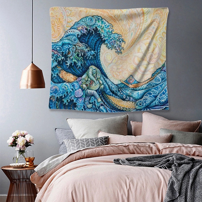 Kanagawa Surf Wave Tapestry with Ukiyo-e Style Background | Home Decor Wall Art