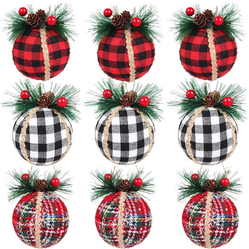 Christmas Plaid Cloth Balls 6cm & 8cm Black White Red Tree Hanging Decorative Ornaments|Christmas Decorations
