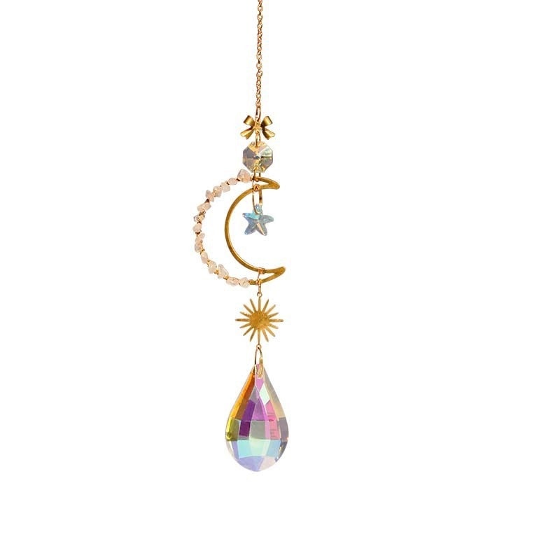Minimalist Star and Moon Crystal Suncatcher Wind Chime with Natural Gravel Water Droplets | Home Decor
