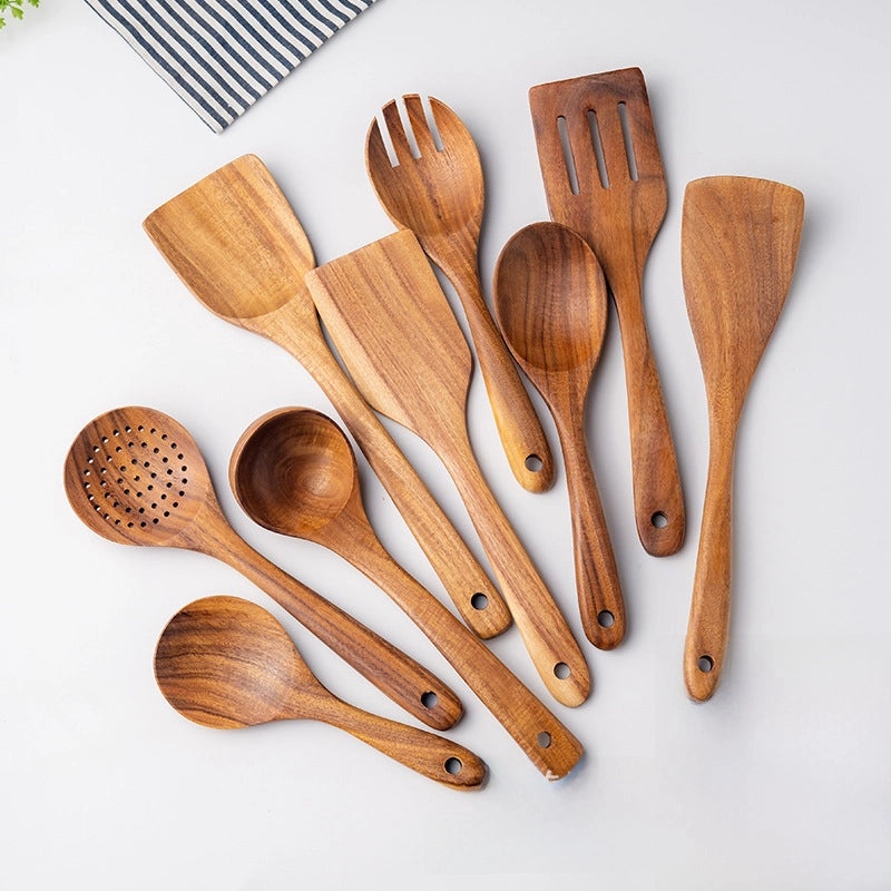 7-piece Teak Wood Kitchen Utensil Set Including Spatula, Soup Spoon & Colander | Kitchenware & Cooking Tools