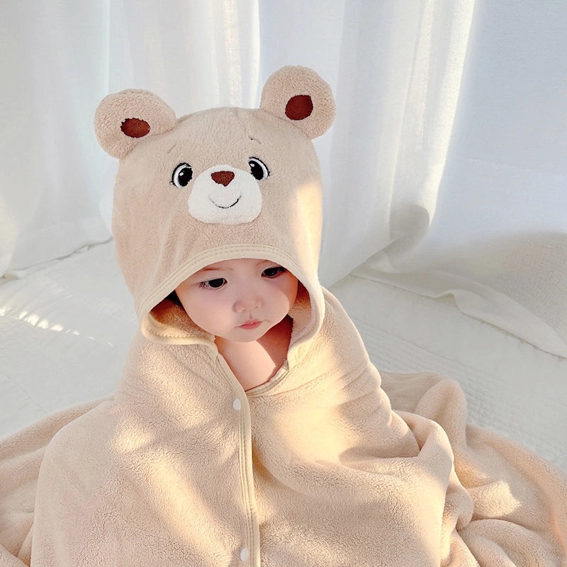 Baby Coral Fleece Hooded Cape Soft Cartoon Animal Kids Hooded Cloak Bath Towel for Spring and Autumn|Children's Bath Accessories