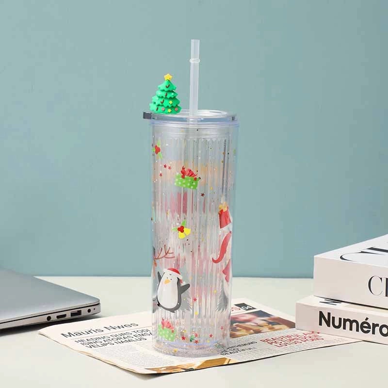 Christmas Cute Christmas Tree Santa Claus Elk Plastic Tumbler Water Bottle 1 Piece|Kitchen & Dining Accessories