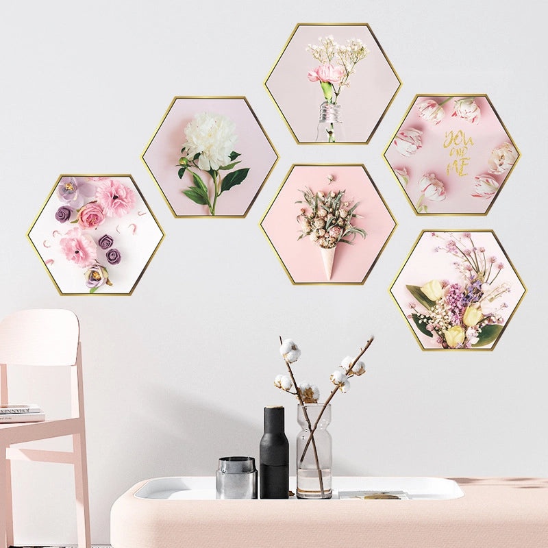 Pink Floral Hexagon Photo Frame Wall Decal|Home Decor