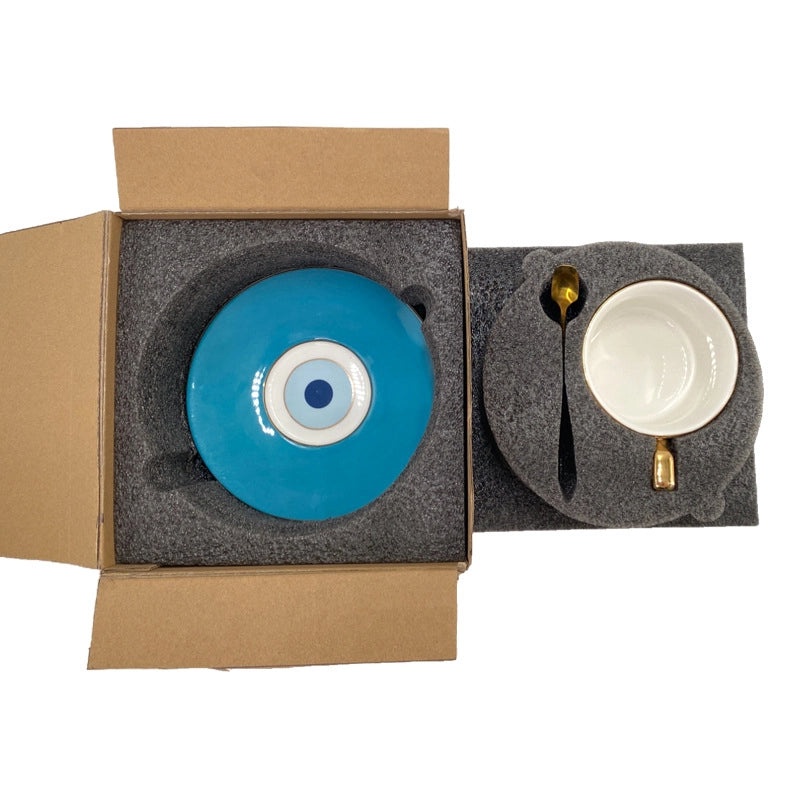 Retro Geometric Devil's Eye White Porcelain Mug with Placemat Set | Kitchen & Dining Accessories