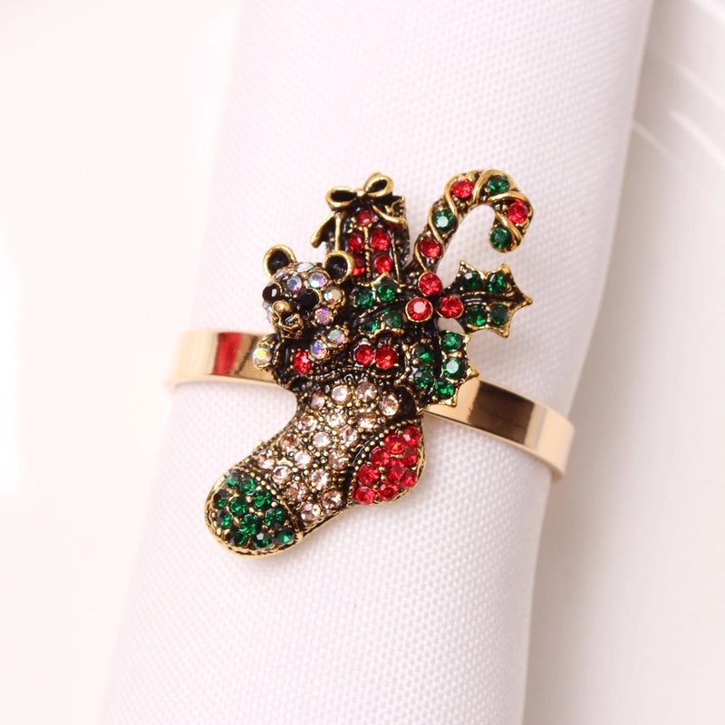 Festive Christmas Tree and Santa Claus Alloy Napkin Rings Set of 6 | Holiday Table Decor
