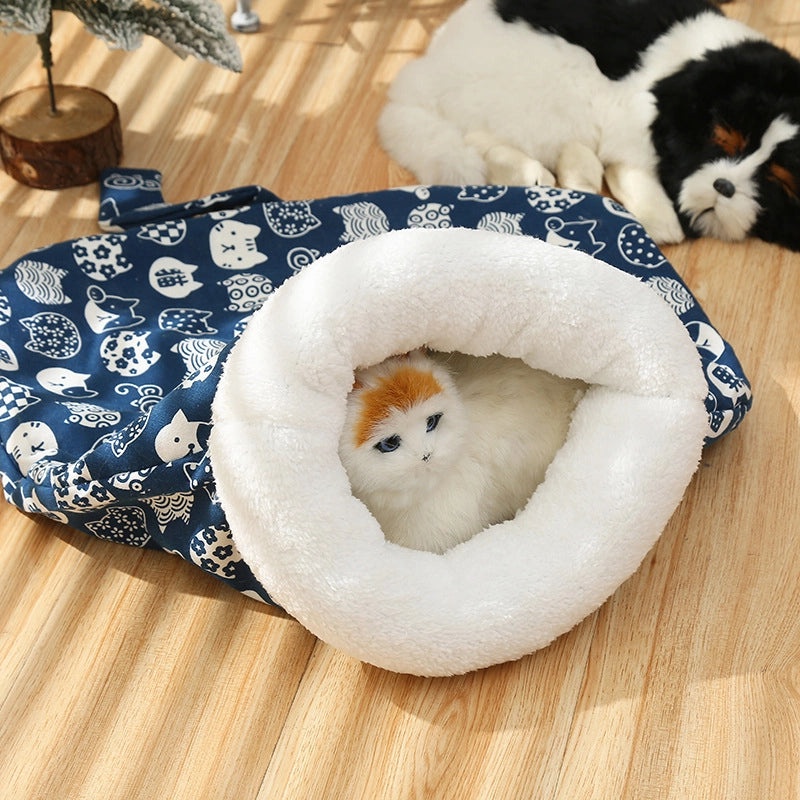 Cozy Japanese Style Cat Nest Warm Plush Semi-Closed Sleeping Bag Removable Washable Pet Mattress|Pet Beds & Furniture