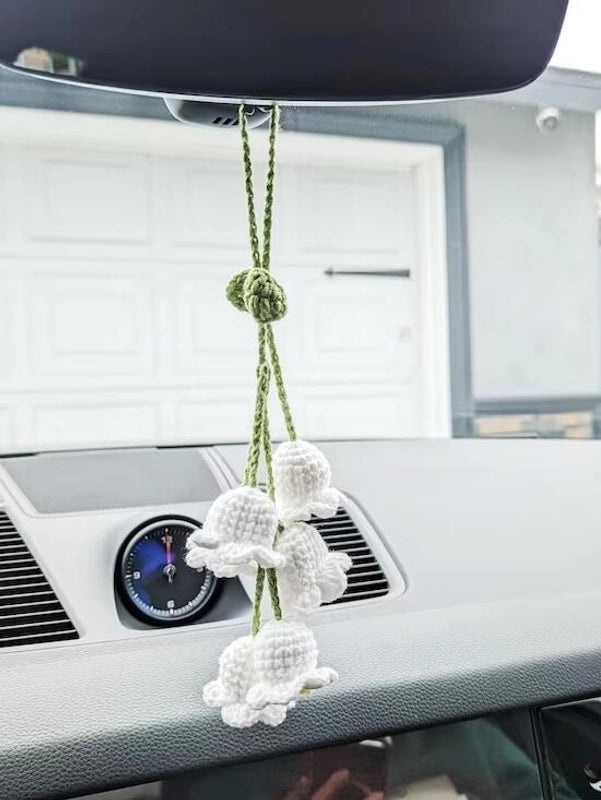 3 Pieces Hand-Crocheted Chlorophytum Yarn Potted Ornaments for Car Rearview Mirror | Car Accessories