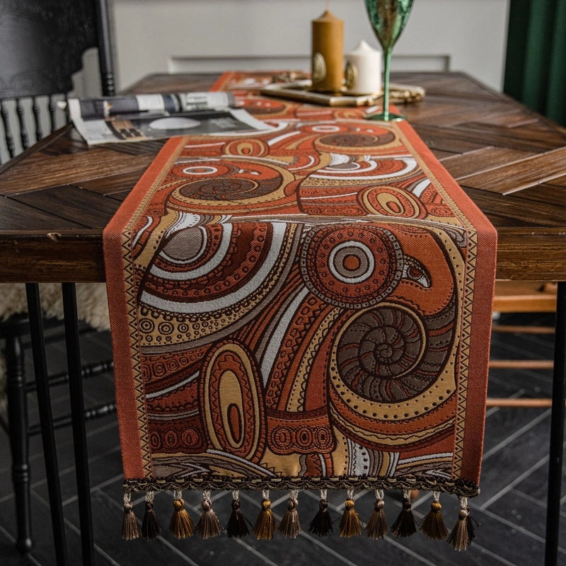 Imaki Rhyme Vintage Orange Jacquard Fabric Table Flag for Dining, Coffee Table, Bed, TV Cabinet | Home Decor & Table Linens
