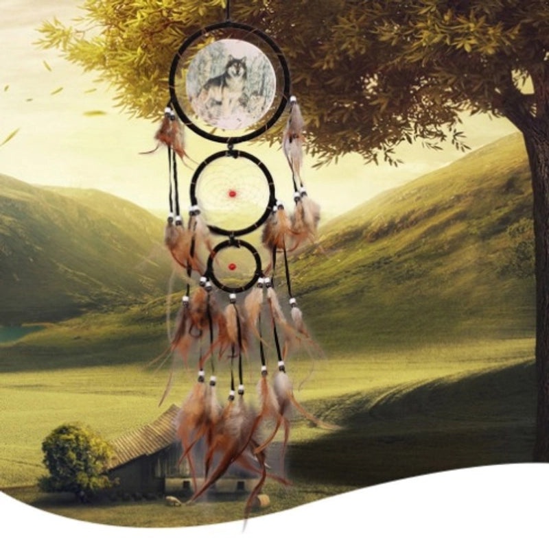 Wolf Head Dreamcatcher Oil Painting Wall Hanging with Natural Feathers | Home Decor & Wall Art