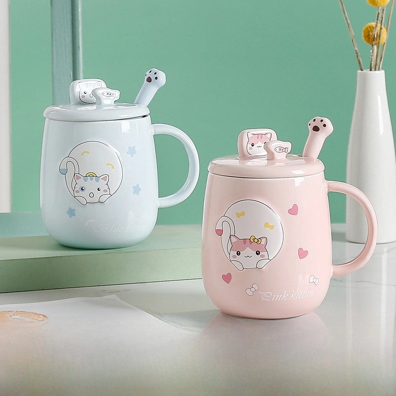 Creative Cat Mug with Lid and Spoon | Trendy Ceramic Coffee Cup for Office and Home | Cartoon Style Insulated Drinkware | Home & Kitchen