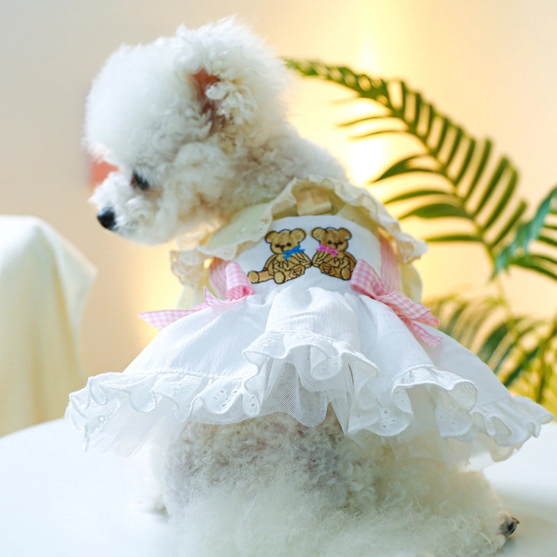 Spring Summer Pet Dress Fluffy Gauze Skirt with Embroidered Bear Cute Princess Style|Pet Clothing