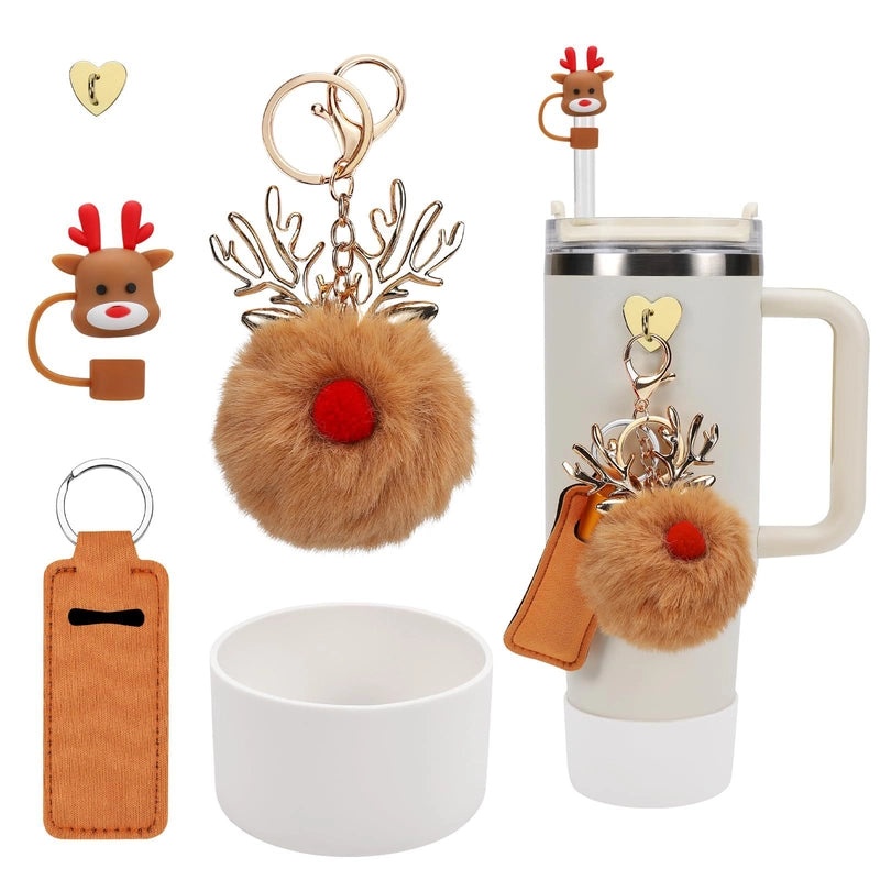 Christmas Themed Cute Bat Ghost Elk Silicone Straw Cap Pendant Set|Holiday Drink Accessories