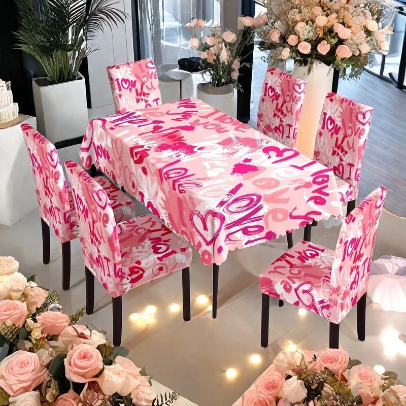 Romantic Polyester Chair Cover Pink Heart Pattern Valentine's Day Decor